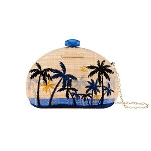 Tropical Palm Clutch Bag - Blue and Tan